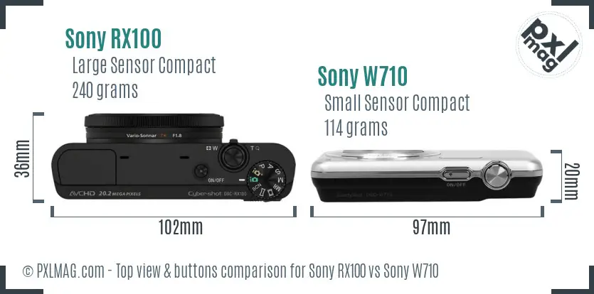 Sony RX100 vs Sony W710 top view buttons comparison