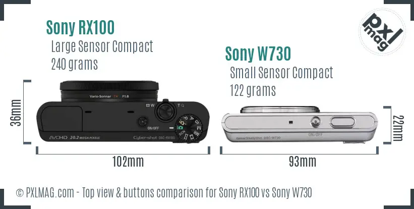 Sony RX100 vs Sony W730 top view buttons comparison