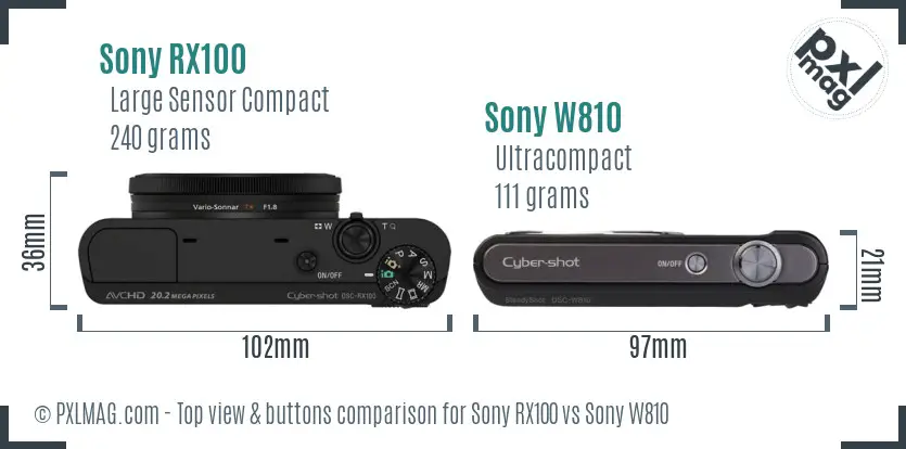 Sony RX100 vs Sony W810 top view buttons comparison