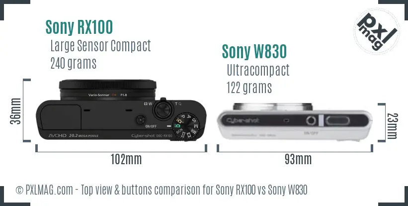 Sony RX100 vs Sony W830 top view buttons comparison