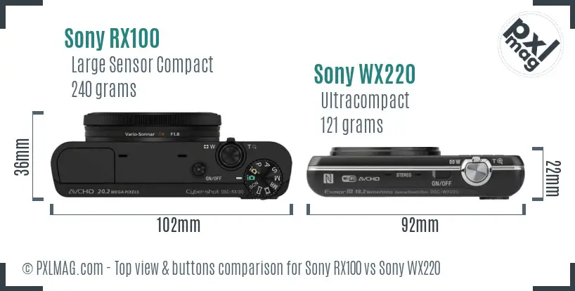 Sony RX100 vs Sony WX220 top view buttons comparison