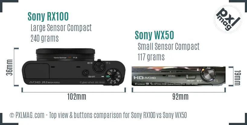 Sony RX100 vs Sony WX50 top view buttons comparison
