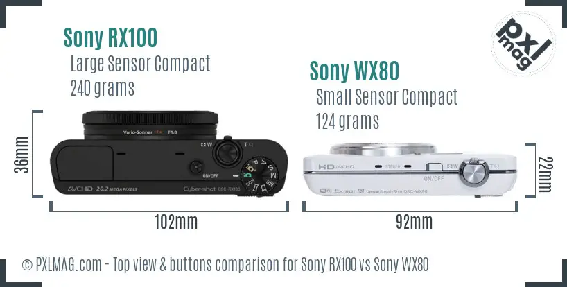 Sony RX100 vs Sony WX80 top view buttons comparison
