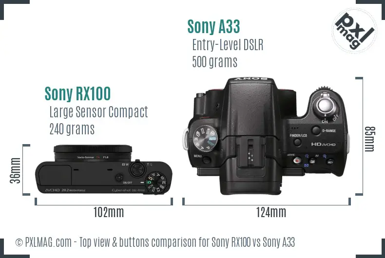 Sony RX100 vs Sony A33 top view buttons comparison