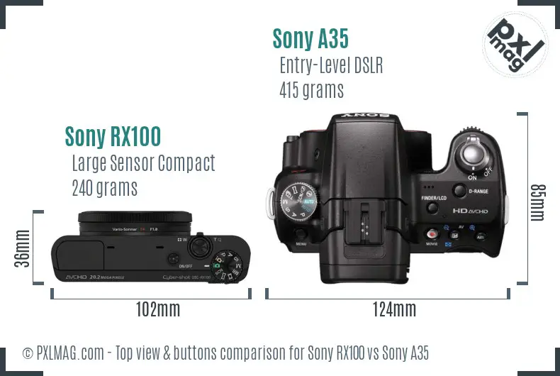 Sony RX100 vs Sony A35 top view buttons comparison