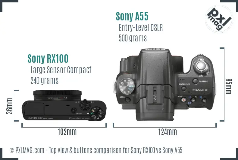 Sony RX100 vs Sony A55 top view buttons comparison