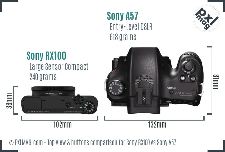 Sony RX100 vs Sony A57 top view buttons comparison