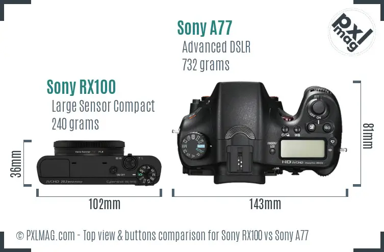 Sony RX100 vs Sony A77 top view buttons comparison