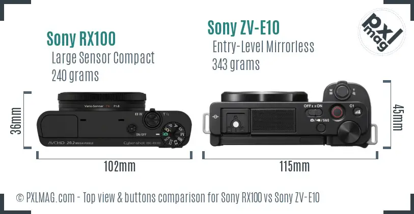 Sony RX100 vs Sony ZV-E10 top view buttons comparison Sony RX100 vs Sony ZV-E10 top view buttons comparison