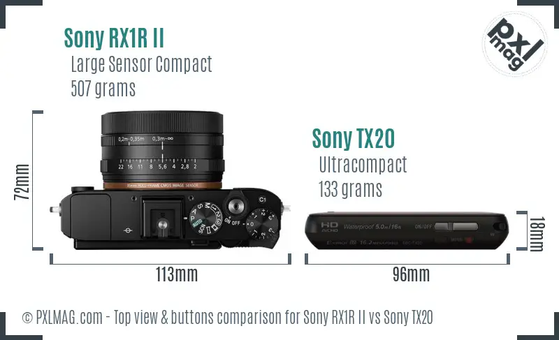 Sony RX1R II vs Sony TX20 top view buttons comparison