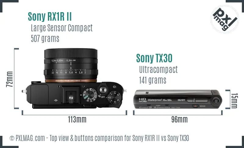 Sony RX1R II vs Sony TX30 top view buttons comparison