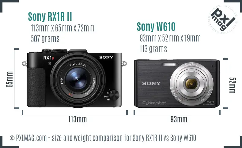 Sony RX1R II vs Sony W610 size comparison
