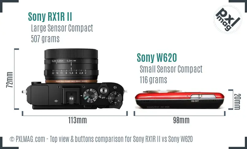 Sony RX1R II vs Sony W620 top view buttons comparison