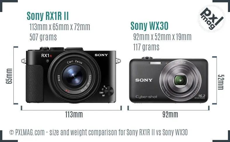 Sony RX1R II vs Sony WX30 size comparison