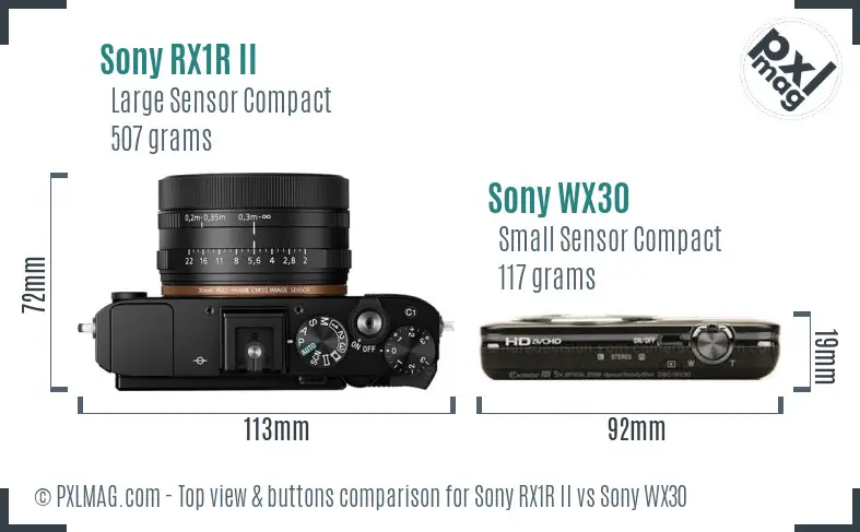 Sony RX1R II vs Sony WX30 top view buttons comparison