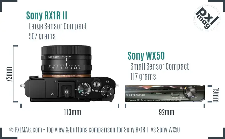 Sony RX1R II vs Sony WX50 top view buttons comparison