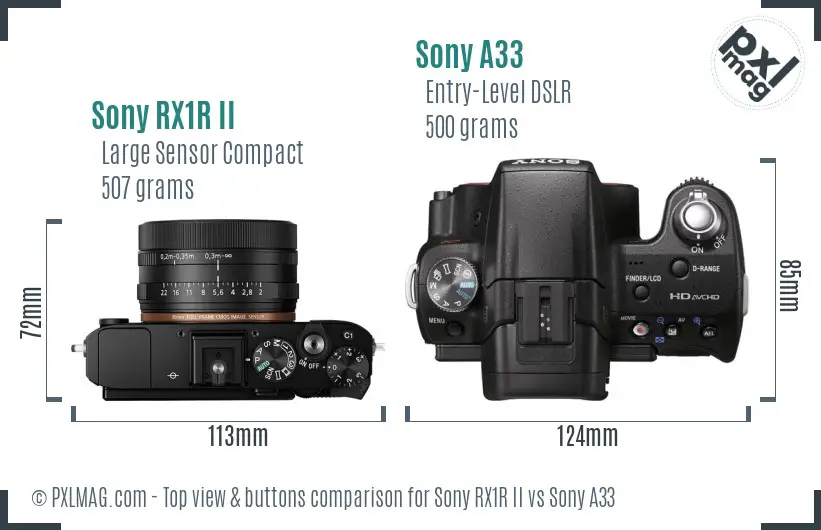 Sony RX1R II vs Sony A33 top view buttons comparison