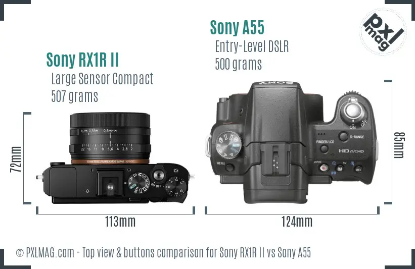 Sony RX1R II vs Sony A55 top view buttons comparison