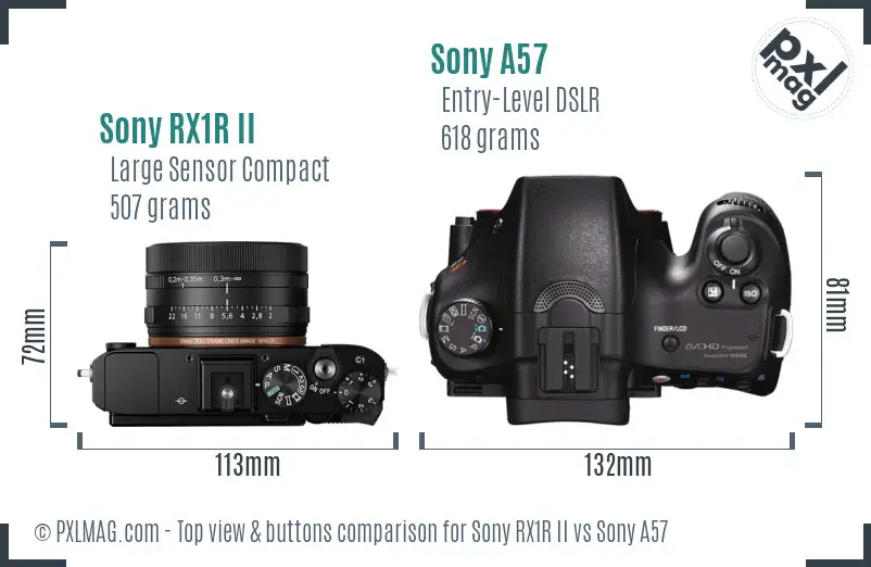 Sony RX1R II vs Sony A57 top view buttons comparison
