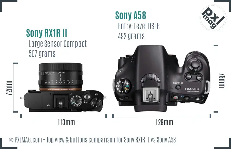 Sony RX1R II vs Sony A58 top view buttons comparison