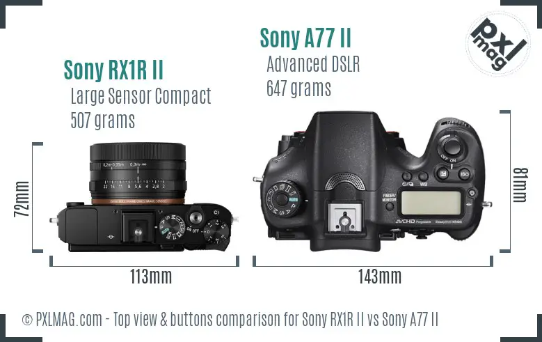 Sony RX1R II vs Sony A77 II top view buttons comparison