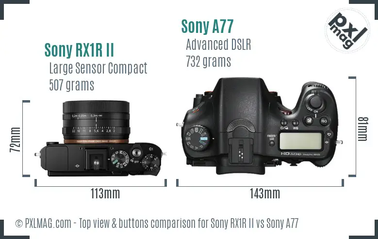 Sony RX1R II vs Sony A77 top view buttons comparison