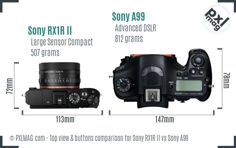 Sony RX1R II vs Sony A99 top view buttons comparison