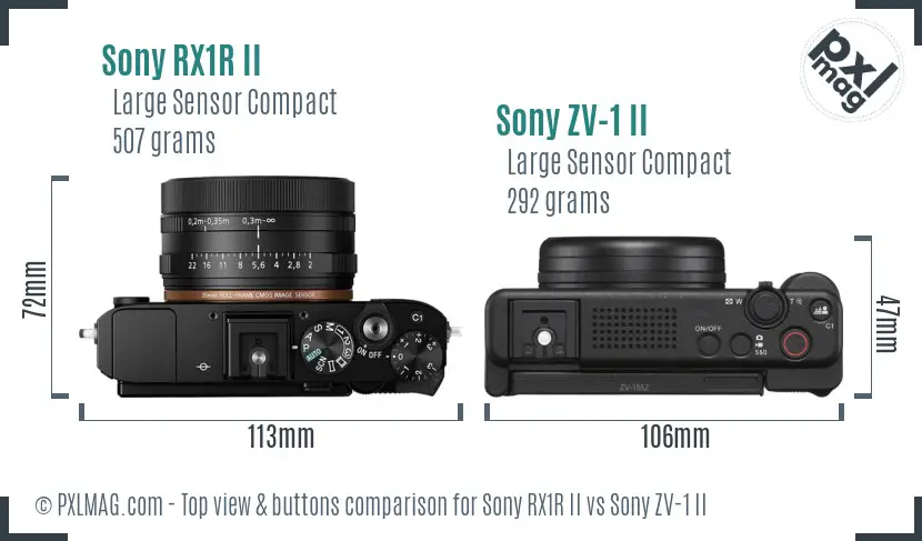 Sony RX1R II vs Sony ZV-1 II top view buttons comparison