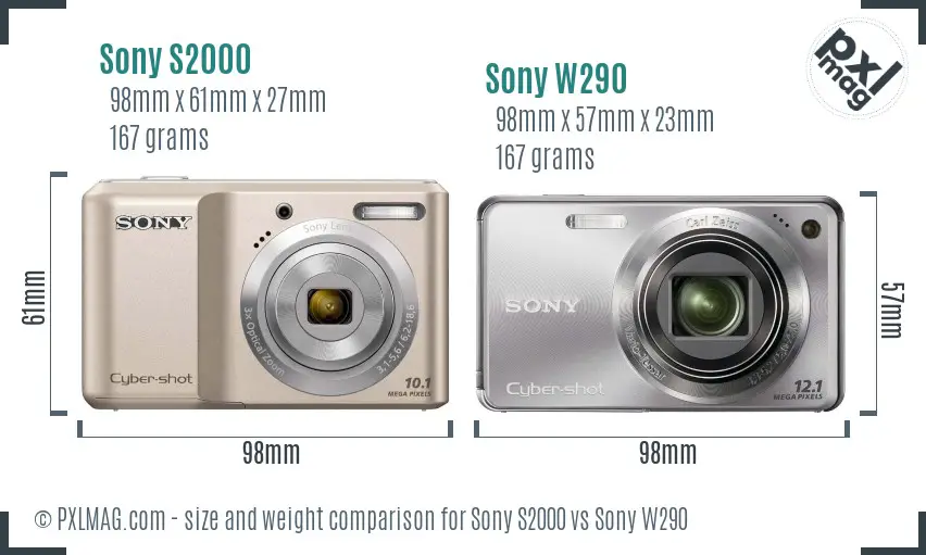 Sony S2000 vs Sony W290 size comparison