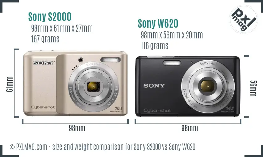 Sony S2000 vs Sony W620 size comparison