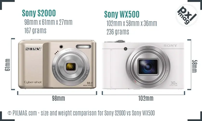 Sony S2000 vs Sony WX500 size comparison