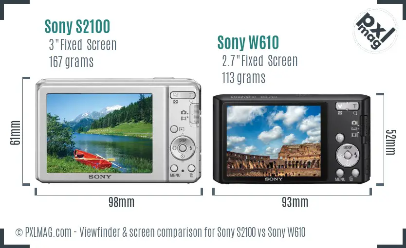 Sony S2100 vs Sony W610 Screen and Viewfinder comparison