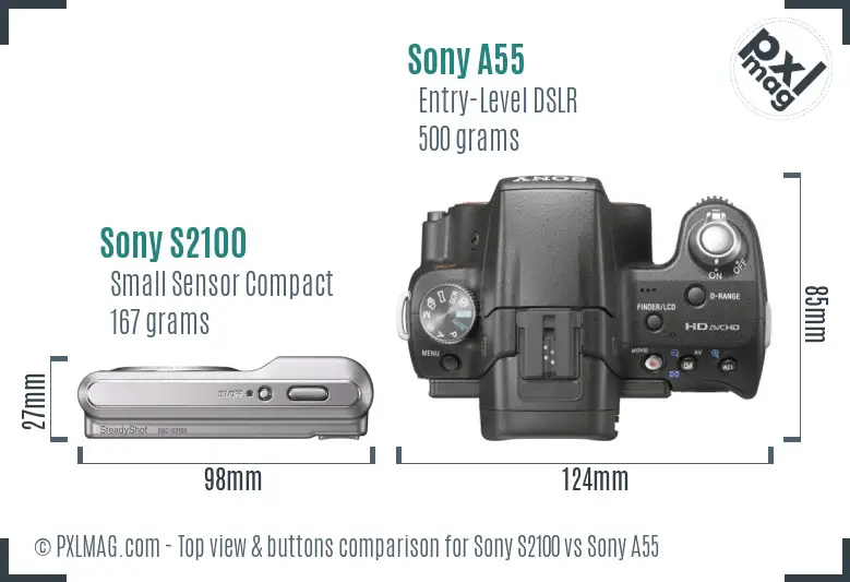 Sony S2100 vs Sony A55 top view buttons comparison