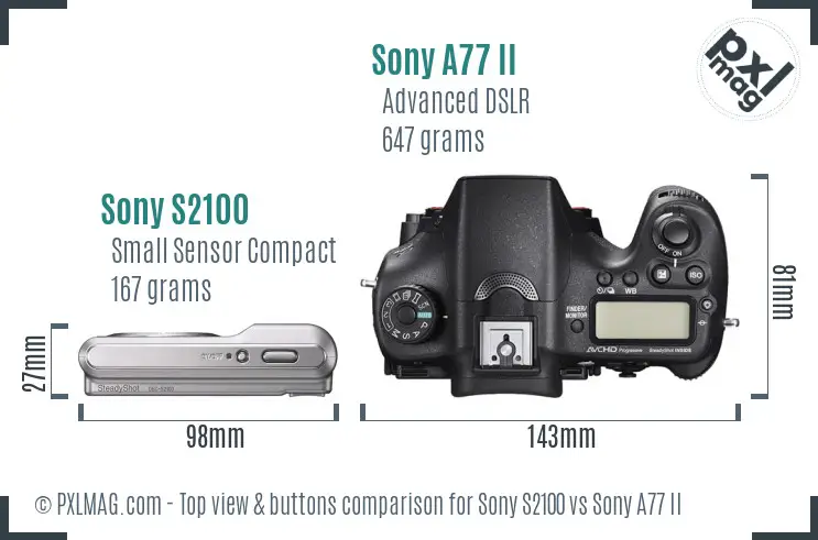 Sony S2100 vs Sony A77 II top view buttons comparison