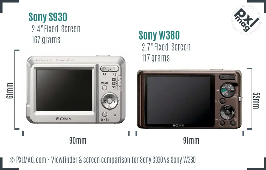 Sony S930 vs Sony W380 Screen and Viewfinder comparison