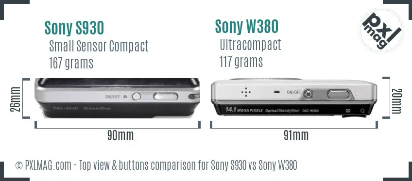 Sony S930 vs Sony W380 top view buttons comparison