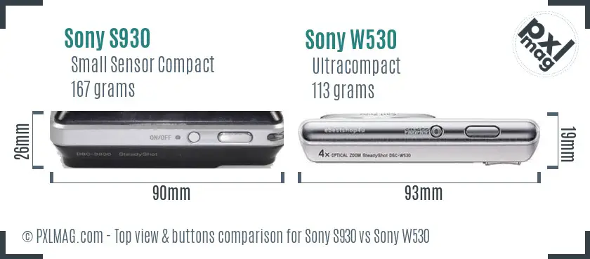 Sony S930 vs Sony W530 top view buttons comparison
