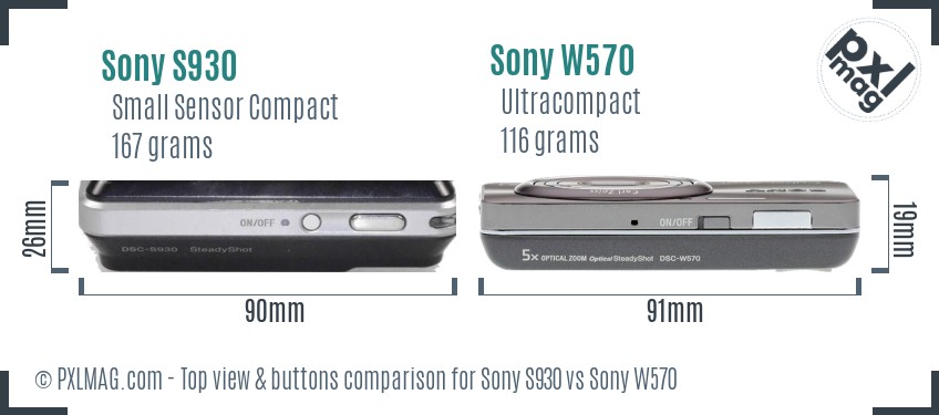Sony S930 vs Sony W570 top view buttons comparison