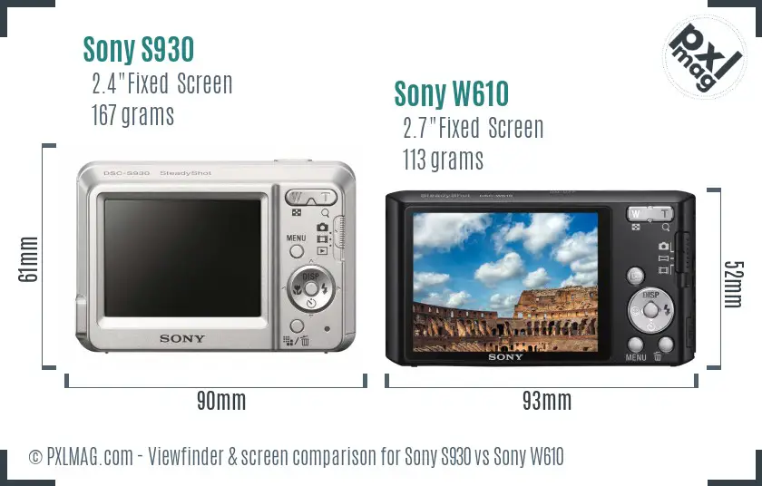 Sony S930 vs Sony W610 Screen and Viewfinder comparison