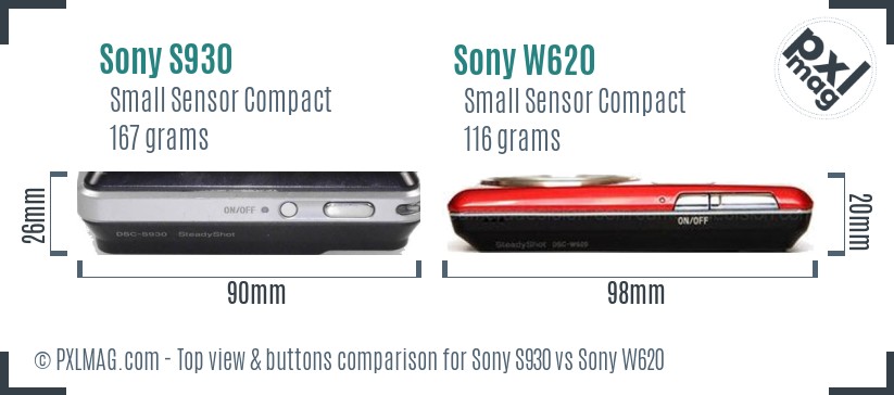 Sony S930 vs Sony W620 top view buttons comparison