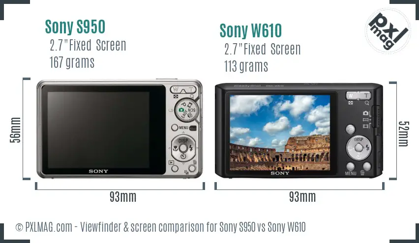 Sony S950 vs Sony W610 Screen and Viewfinder comparison