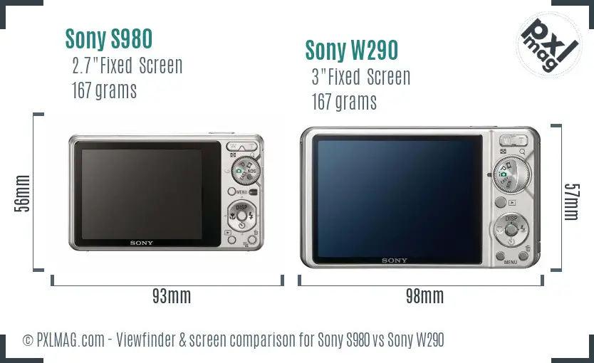Sony S980 vs Sony W290 Screen and Viewfinder comparison