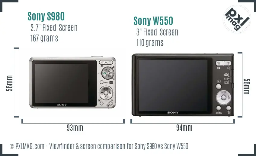 Sony S980 vs Sony W550 Screen and Viewfinder comparison