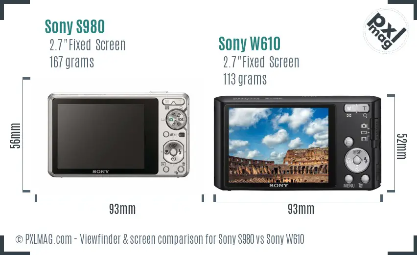 Sony S980 vs Sony W610 Screen and Viewfinder comparison