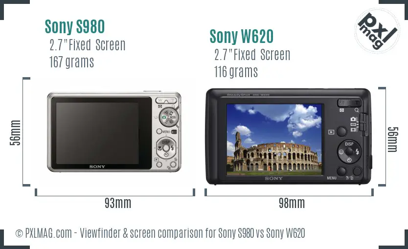 Sony S980 vs Sony W620 Screen and Viewfinder comparison