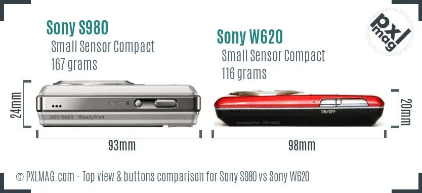 Sony S980 vs Sony W620 top view buttons comparison