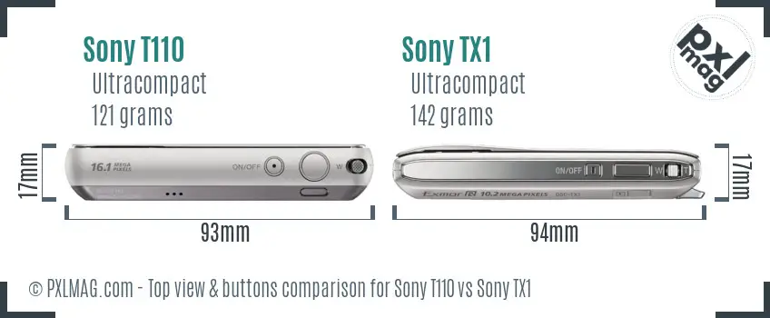 Sony T110 vs Sony TX1 top view buttons comparison