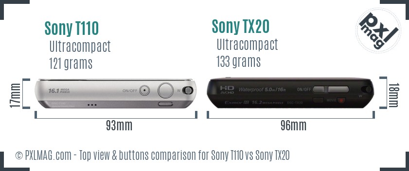 Sony T110 vs Sony TX20 top view buttons comparison