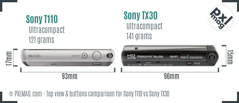 Sony T110 vs Sony TX30 top view buttons comparison