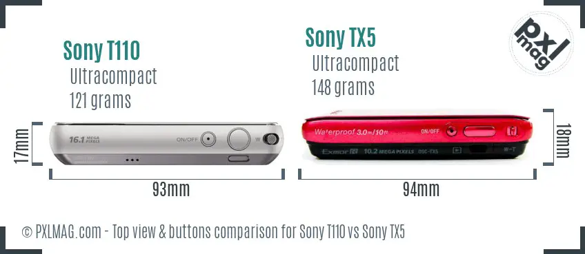 Sony T110 vs Sony TX5 top view buttons comparison